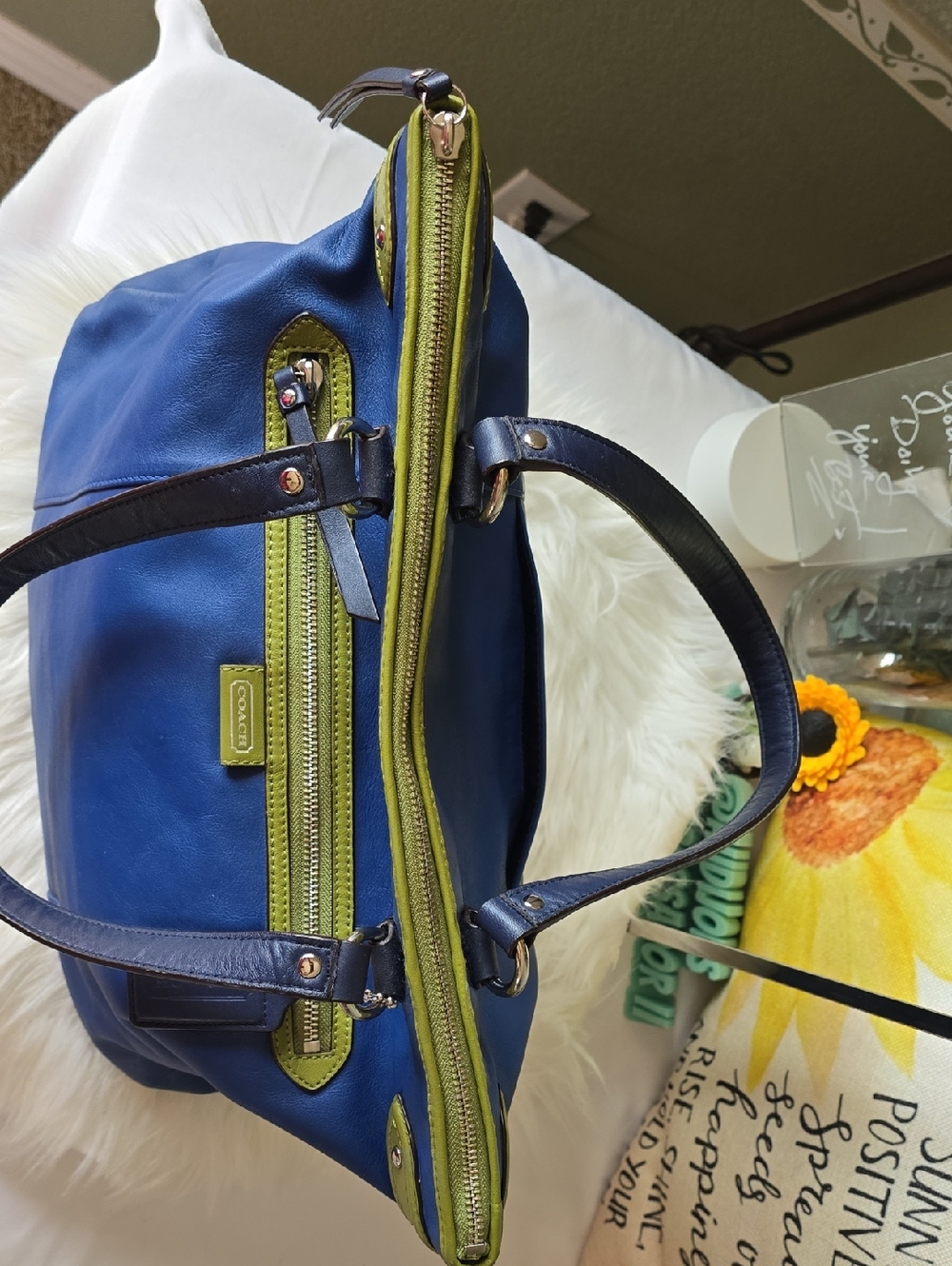 Coach Daisy Spectator Blue Leather Tote with Lime Trim and Navy Blue Handles - Picture 11 of 15